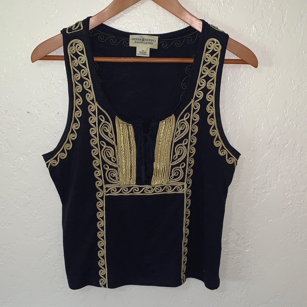 Y2K Denim & Supply Lace Up Tank Top Ralph Lauren Navy Gold Embroidery Small